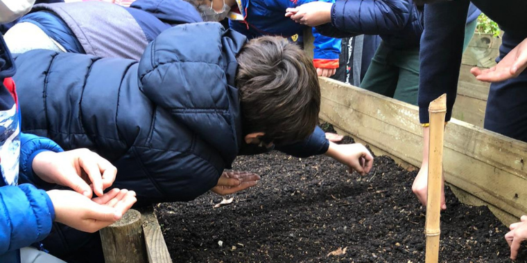 Un grupo de Primaria en la huerta