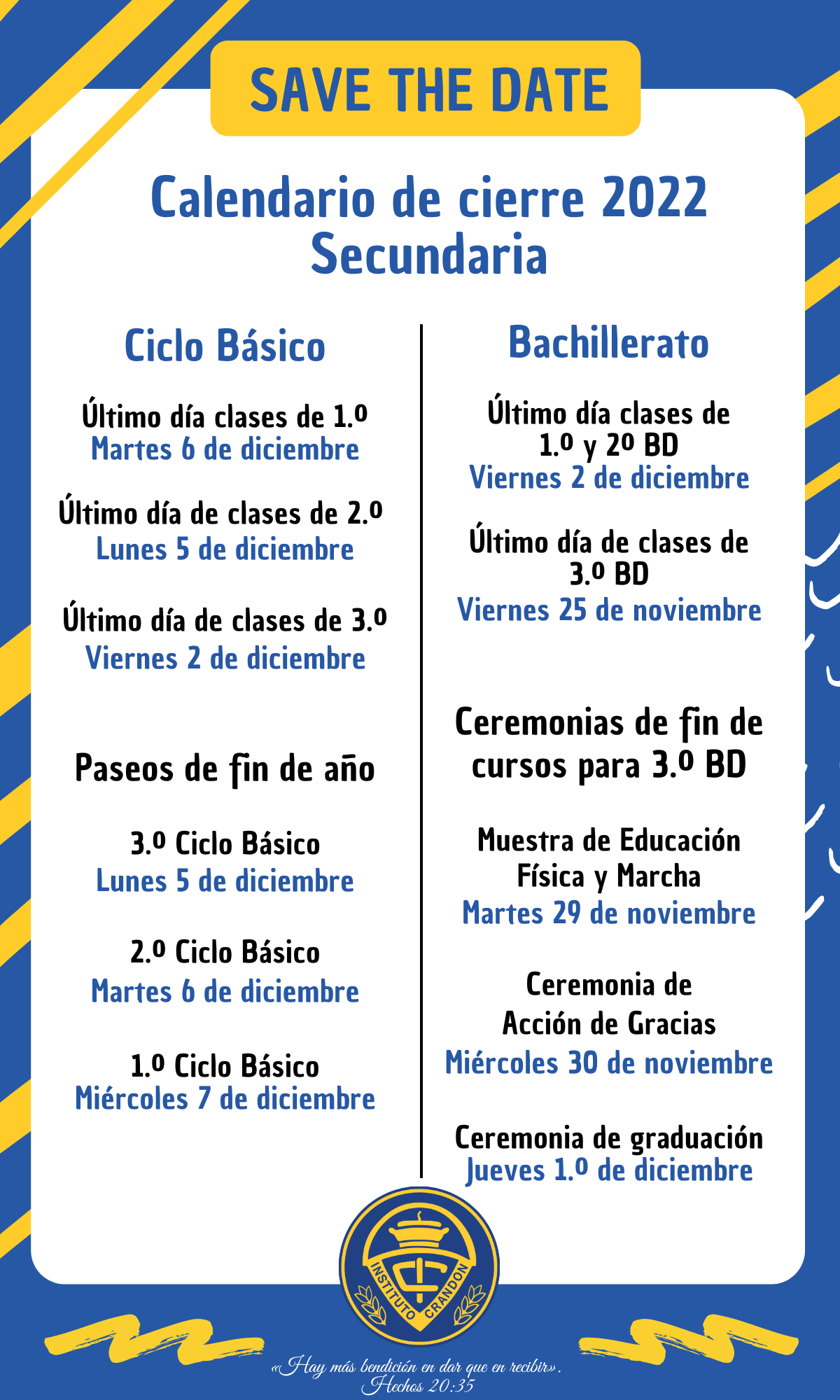 Calendario de cierres de Secundaria