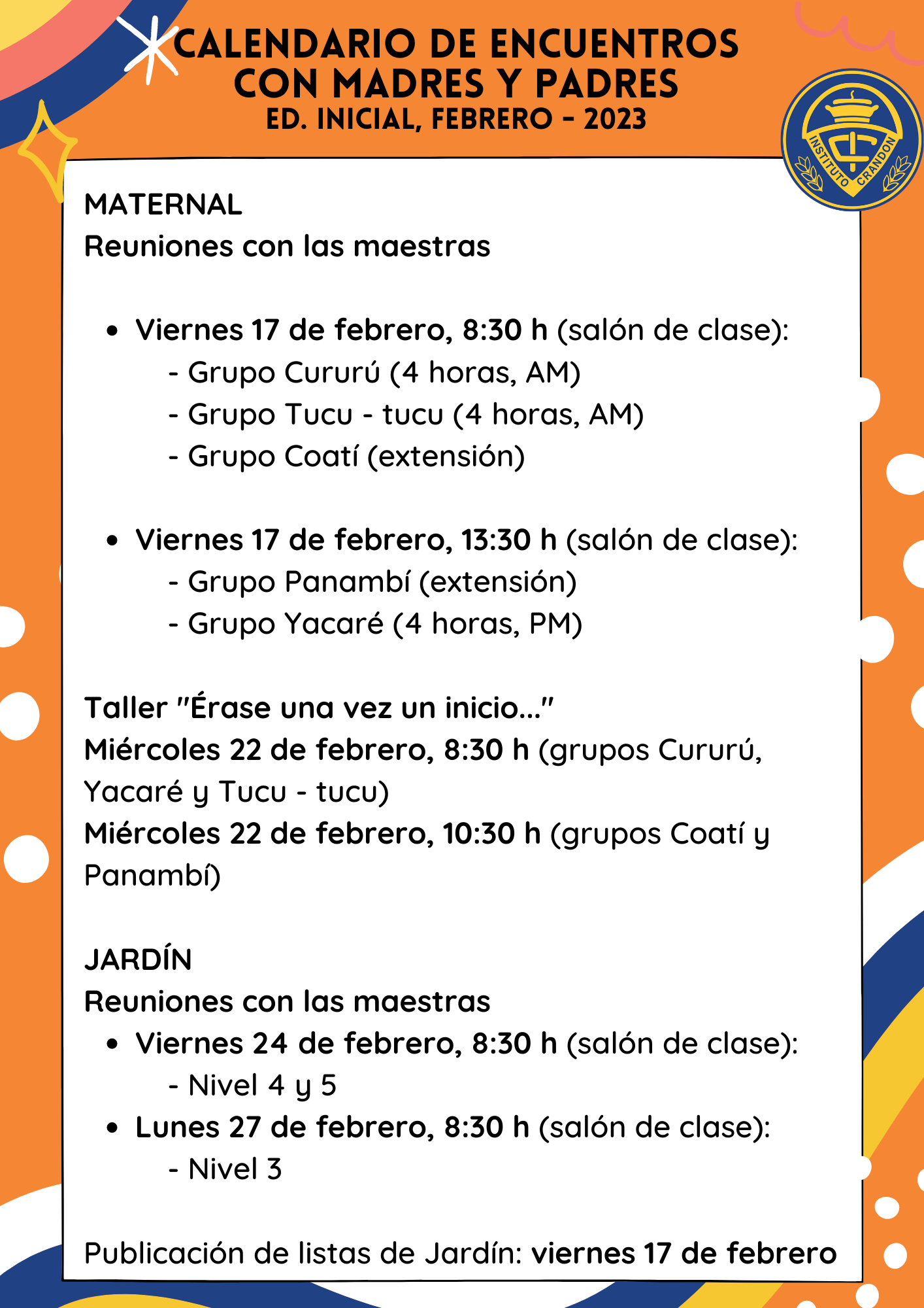 Inicial, calendario de encuentros febrero 2023