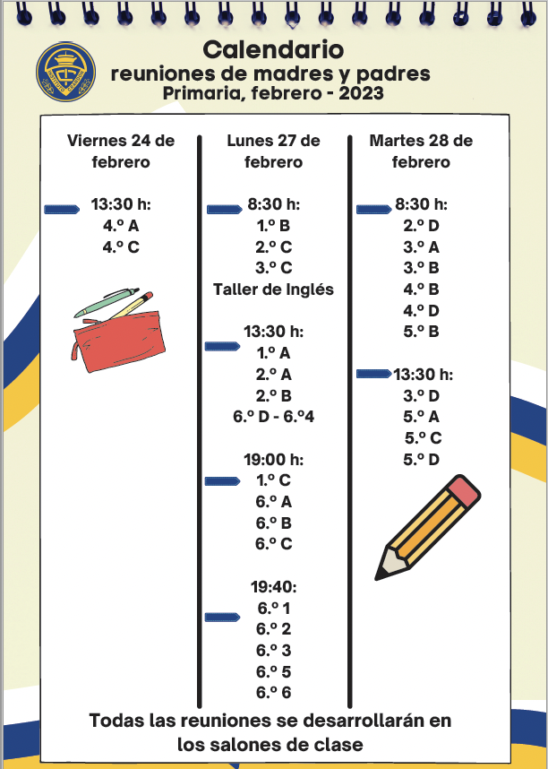 Calendario reuniones de Primaria, febrero 2023